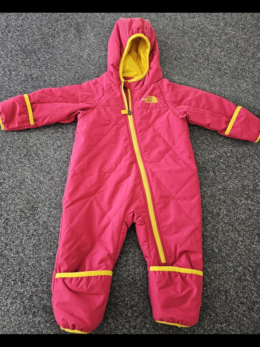 The North Face Pink and Yellow Hooded Insulated One-Piece Footie